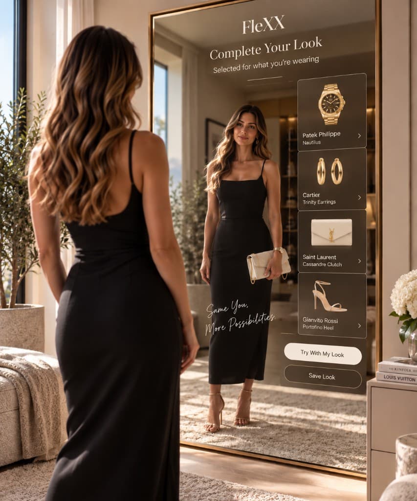 A woman in a black dress standing in front of the FleXX Mirror; the reflection and interface show complementary recommendations to complete her look.