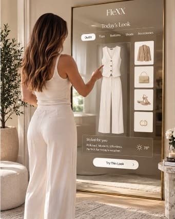 The same woman in front of the FleXX Mirror, reviewing today's suggested look and its garment details.
