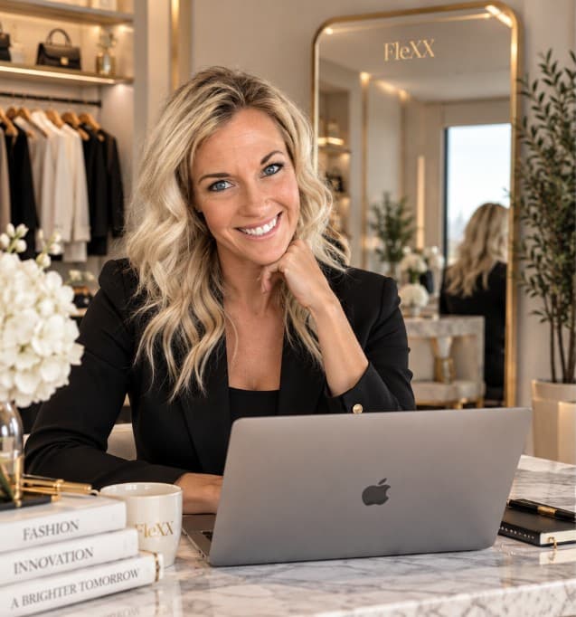 Katey Rae, Founder and CEO of FleXX, working at a marble desk in a luxury dressing room, with the FleXX Mirror visible behind her.