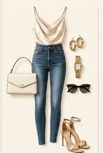 Effortless look: ivory camisole, fitted blue jeans, nude strappy heels