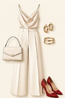 Elevated look: ivory camisole, ivory wide-leg trousers, red stilettos