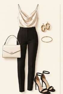 Polished look: ivory camisole, tailored black trousers, black strappy heels