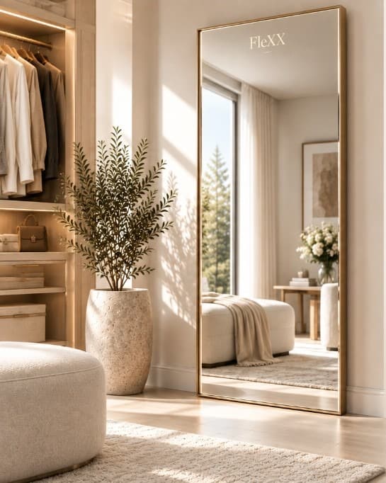 The FleXX Mirror, a tall freestanding luxury mirror with a thin champagne-gold frame, in a warm, softly daylit residential dressing room.